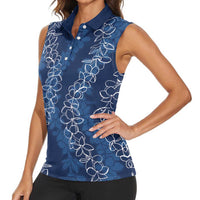 Hawaii Plumeria Lei Women Sleeveless Polo Shirt Aloha Festive Vibe - Navy Blue LT7 - Polynesian Pride