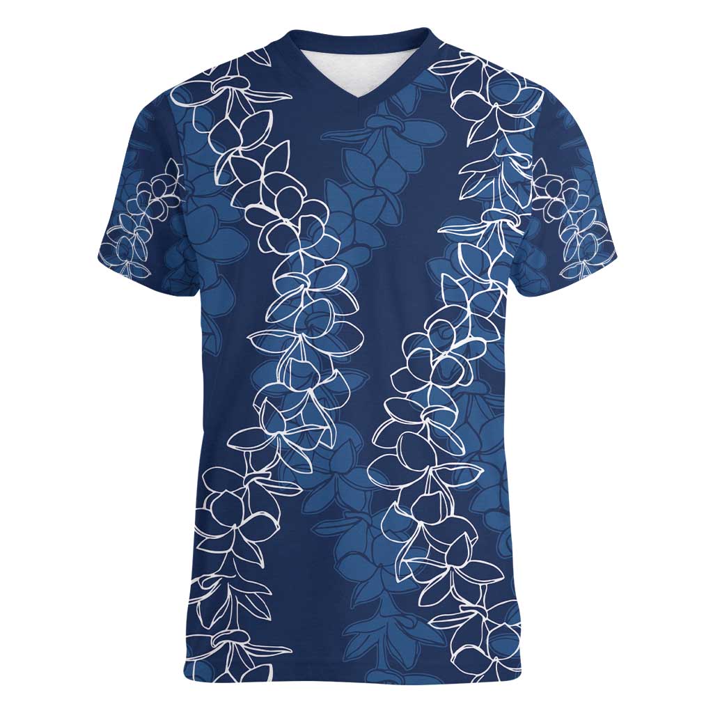 Hawaii Plumeria Lei Women V-Neck T-Shirt Aloha Festive Vibe - Navy Blue LT7 Female Navy Blue - Polynesian Pride
