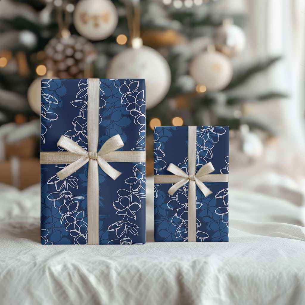 Hawaii Plumeria Lei Wrapping Paper Aloha Festive Vibe - Navy Blue
