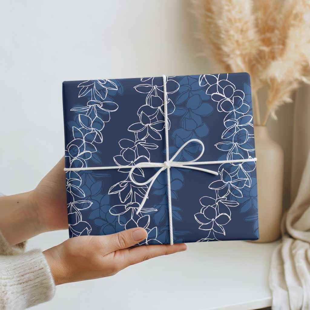 Hawaii Plumeria Lei Wrapping Paper Aloha Festive Vibe - Navy Blue