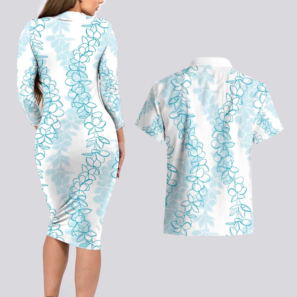 Hawaii Plumeria Lei Couples Matching Long Sleeve Bodycon Dress and Hawaiian Shirt Aloha Festive Vibe - Turquoise LT7 - Polynesian Pride