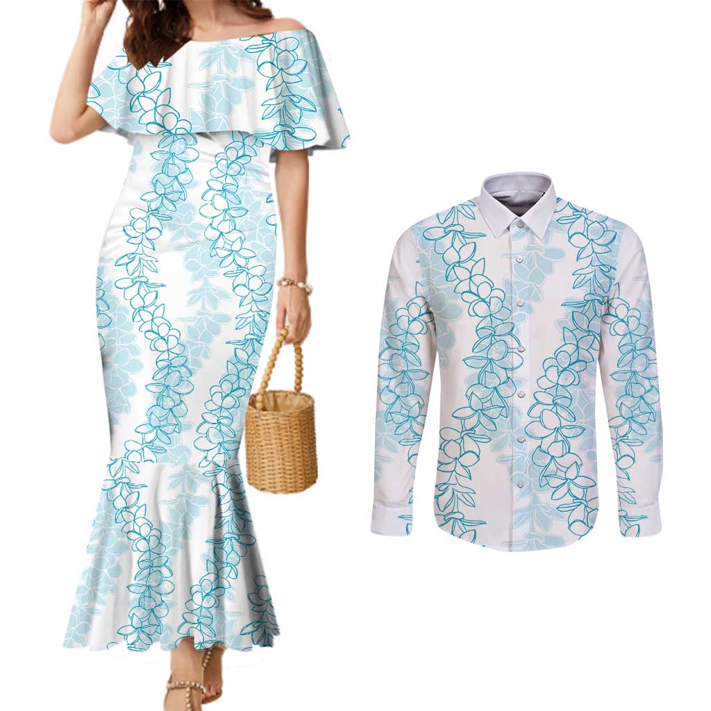Hawaii Plumeria Lei Couples Matching Mermaid Dress and Long Sleeve Button Shirt Aloha Festive Vibe - Turquoise LT7 Turquoise - Polynesian Pride