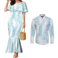 Hawaii Plumeria Lei Couples Matching Mermaid Dress and Long Sleeve Button Shirt Aloha Festive Vibe - Turquoise LT7 Turquoise - Polynesian Pride