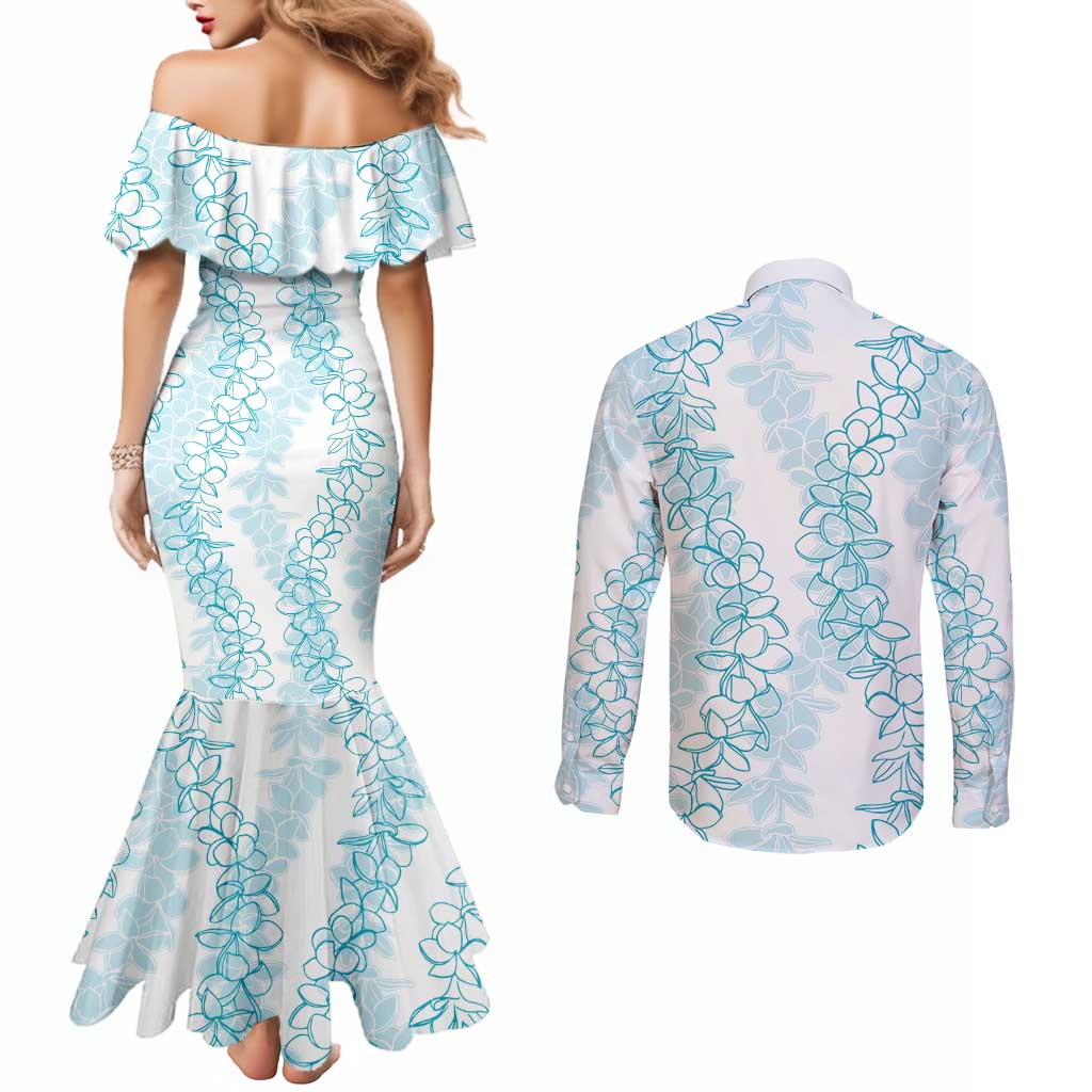 Hawaii Plumeria Lei Couples Matching Mermaid Dress and Long Sleeve Button Shirt Aloha Festive Vibe - Turquoise LT7 - Polynesian Pride
