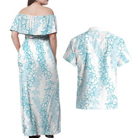 Hawaii Plumeria Lei Couples Matching Off Shoulder Maxi Dress and Hawaiian Shirt Aloha Festive Vibe - Turquoise LT7 - Polynesian Pride