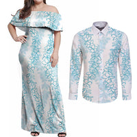 Hawaii Plumeria Lei Couples Matching Off Shoulder Maxi Dress and Long Sleeve Button Shirt Aloha Festive Vibe - Turquoise LT7 Turquoise - Polynesian Pride