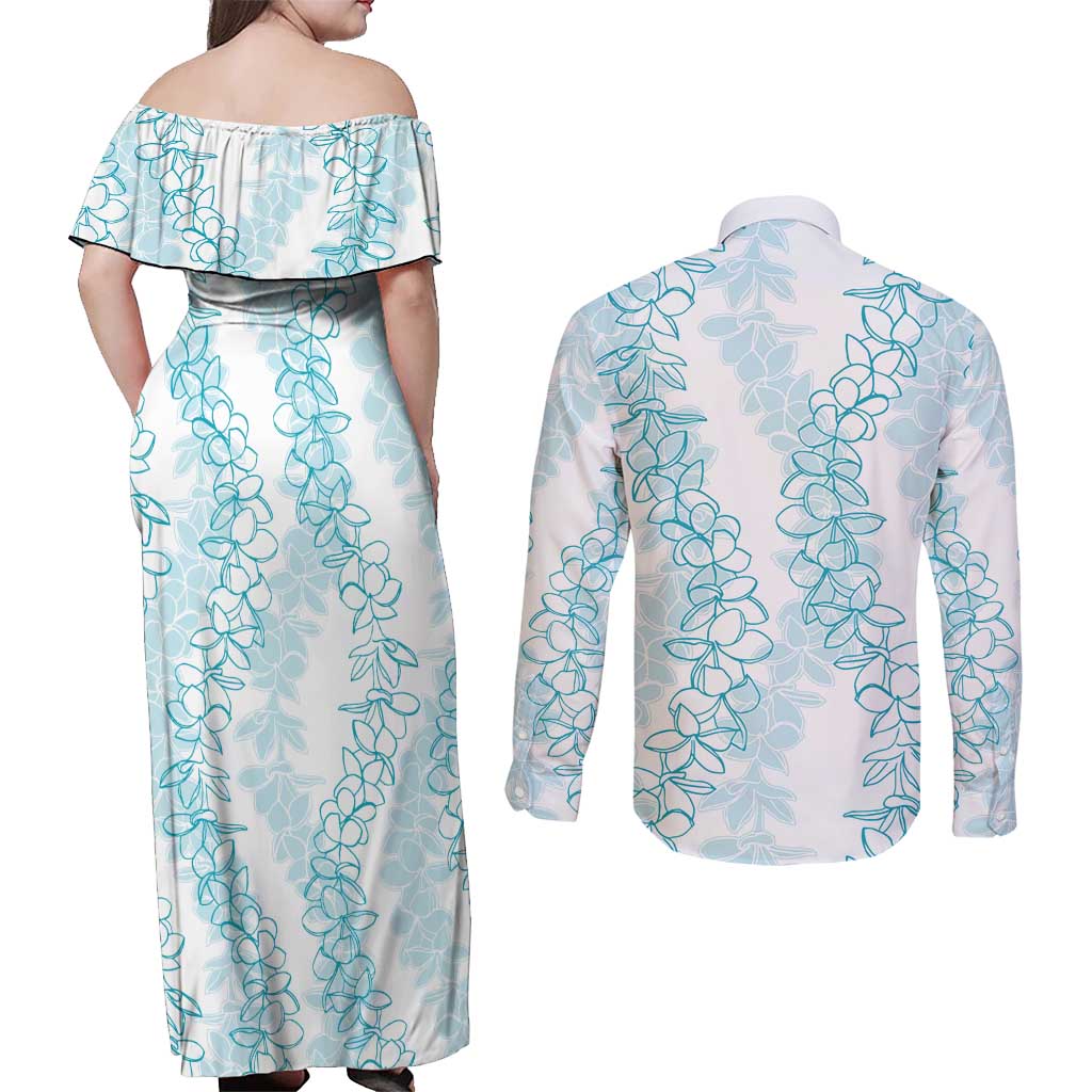 Hawaii Plumeria Lei Couples Matching Off Shoulder Maxi Dress and Long Sleeve Button Shirt Aloha Festive Vibe - Turquoise LT7 - Polynesian Pride