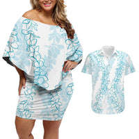 Hawaii Plumeria Lei Couples Matching Off Shoulder Short Dress and Hawaiian Shirt Aloha Festive Vibe - Turquoise LT7 Turquoise - Polynesian Pride