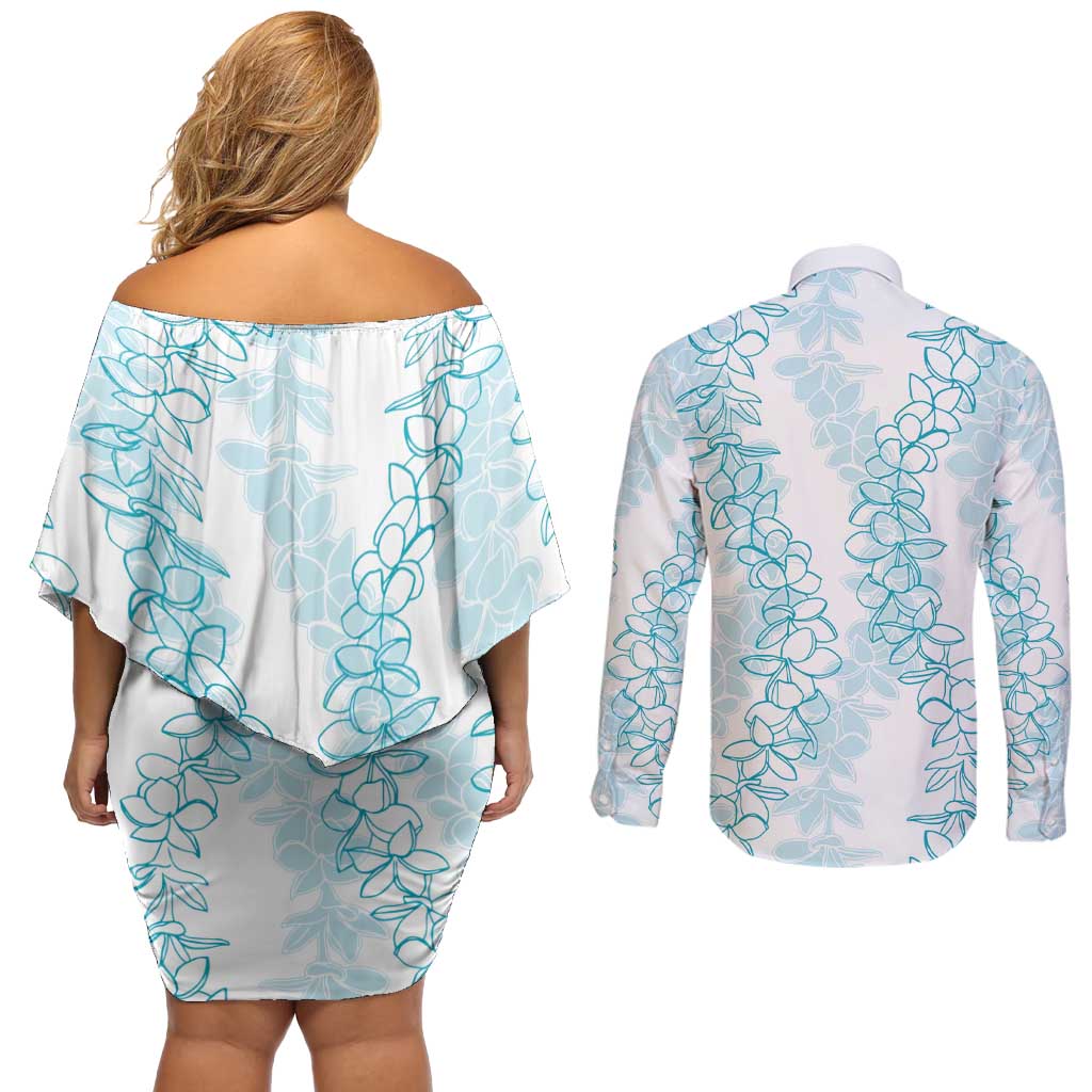 Hawaii Plumeria Lei Couples Matching Off Shoulder Short Dress and Long Sleeve Button Shirt Aloha Festive Vibe - Turquoise LT7 - Polynesian Pride