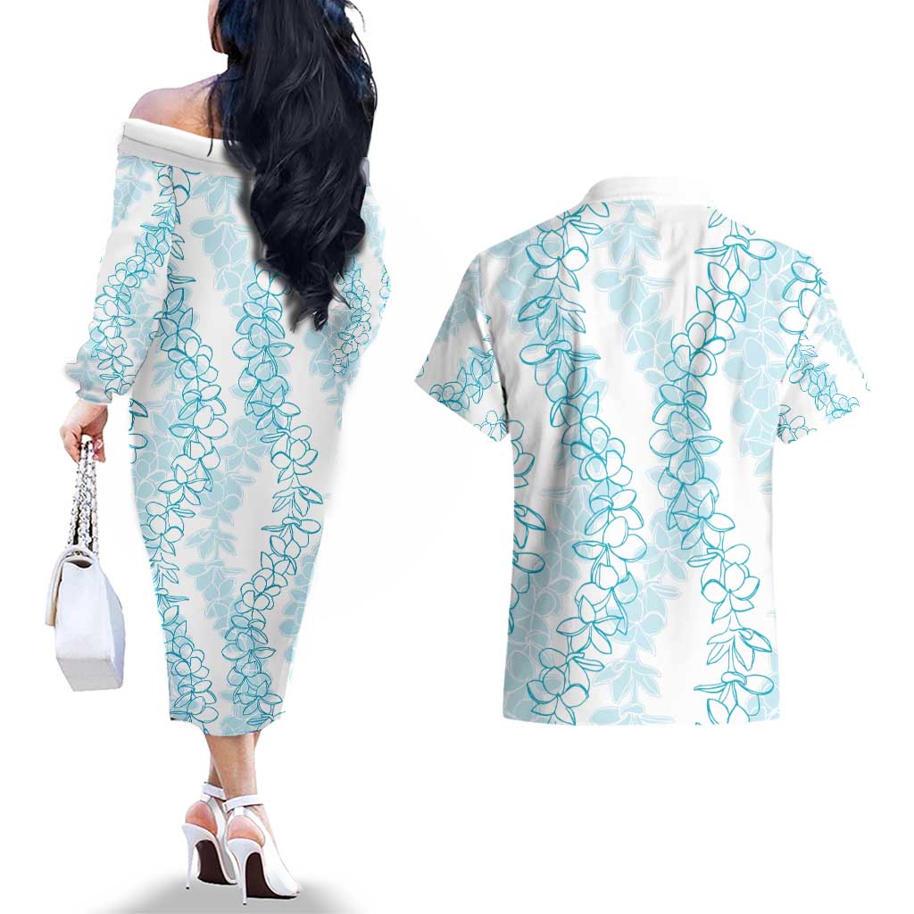 Hawaii Plumeria Lei Couples Matching Off The Shoulder Long Sleeve Dress and Hawaiian Shirt Aloha Festive Vibe - Turquoise LT7 - Polynesian Pride
