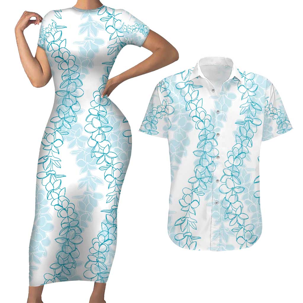 Hawaii Plumeria Lei Couples Matching Short Sleeve Bodycon Dress and Hawaiian Shirt Aloha Festive Vibe - Turquoise LT7 Turquoise - Polynesian Pride