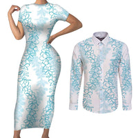 Hawaii Plumeria Lei Couples Matching Short Sleeve Bodycon Dress and Long Sleeve Button Shirt Aloha Festive Vibe - Turquoise LT7 Turquoise - Polynesian Pride