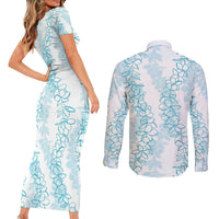 Hawaii Plumeria Lei Couples Matching Short Sleeve Bodycon Dress and Long Sleeve Button Shirt Aloha Festive Vibe - Turquoise LT7 - Polynesian Pride