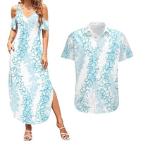 Hawaii Plumeria Lei Couples Matching Summer Maxi Dress and Hawaiian Shirt Aloha Festive Vibe - Turquoise LT7 Turquoise - Polynesian Pride