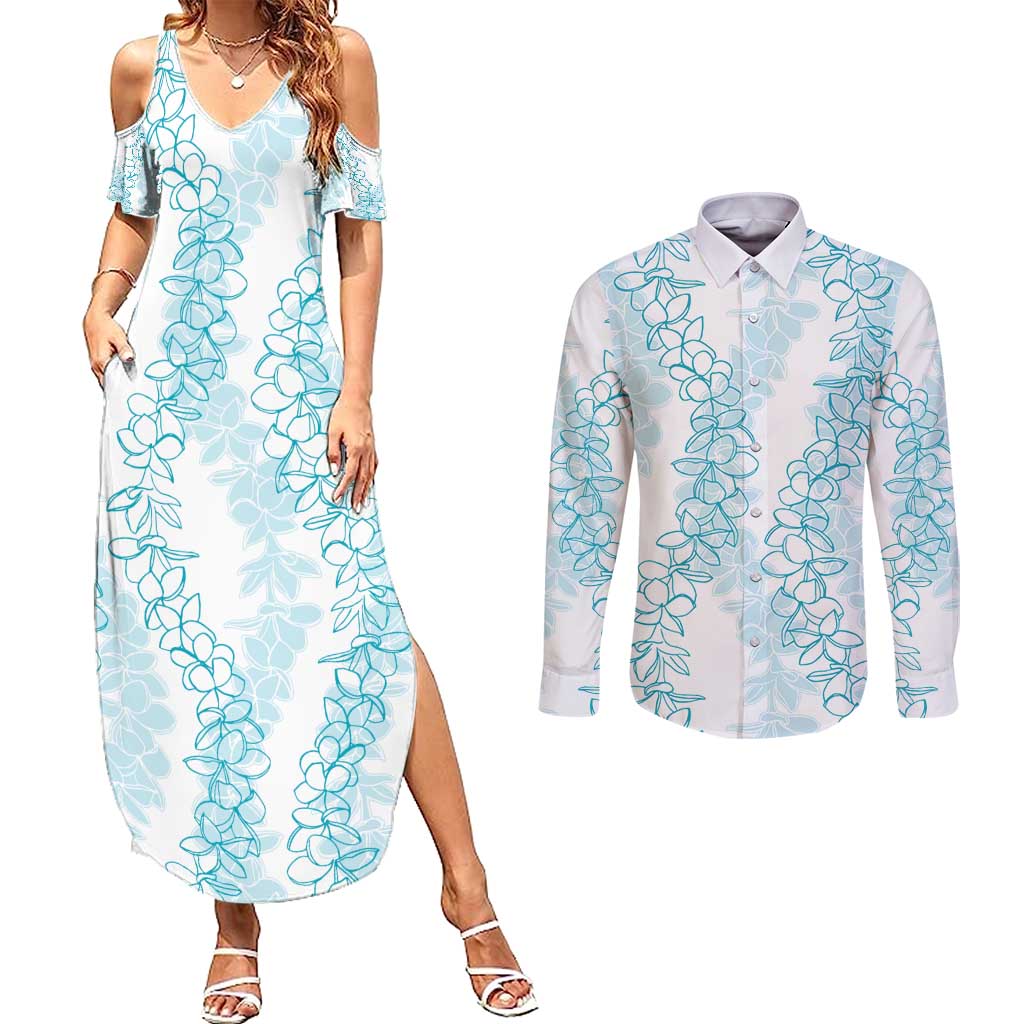 Hawaii Plumeria Lei Couples Matching Summer Maxi Dress and Long Sleeve Button Shirt Aloha Festive Vibe - Turquoise LT7 Turquoise - Polynesian Pride