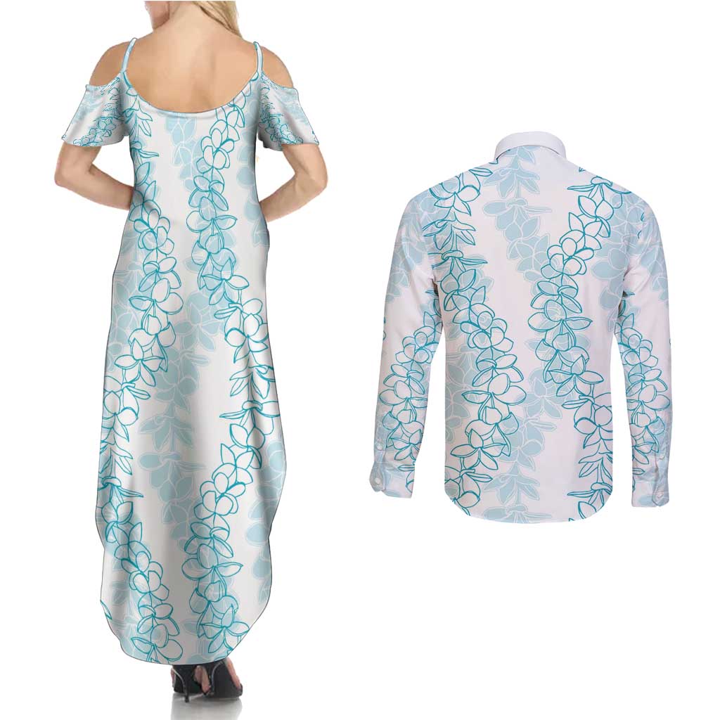 Hawaii Plumeria Lei Couples Matching Summer Maxi Dress and Long Sleeve Button Shirt Aloha Festive Vibe - Turquoise LT7 - Polynesian Pride