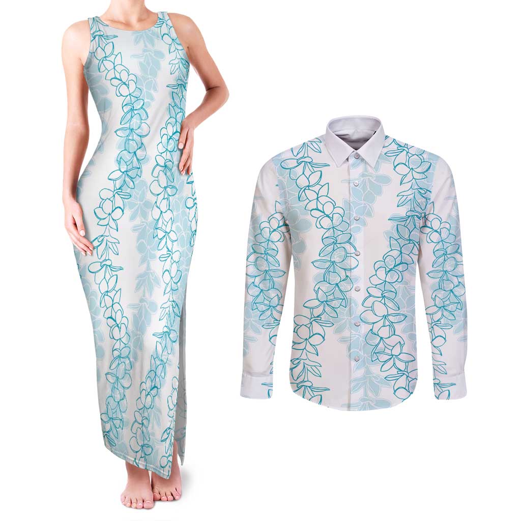 Hawaii Plumeria Lei Couples Matching Tank Maxi Dress and Long Sleeve Button Shirt Aloha Festive Vibe - Turquoise LT7 Turquoise - Polynesian Pride