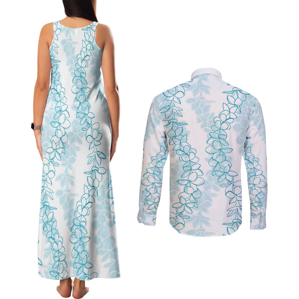 Hawaii Plumeria Lei Couples Matching Tank Maxi Dress and Long Sleeve Button Shirt Aloha Festive Vibe - Turquoise LT7 - Polynesian Pride