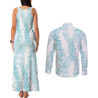 Hawaii Plumeria Lei Couples Matching Tank Maxi Dress and Long Sleeve Button Shirt Aloha Festive Vibe - Turquoise LT7 - Polynesian Pride