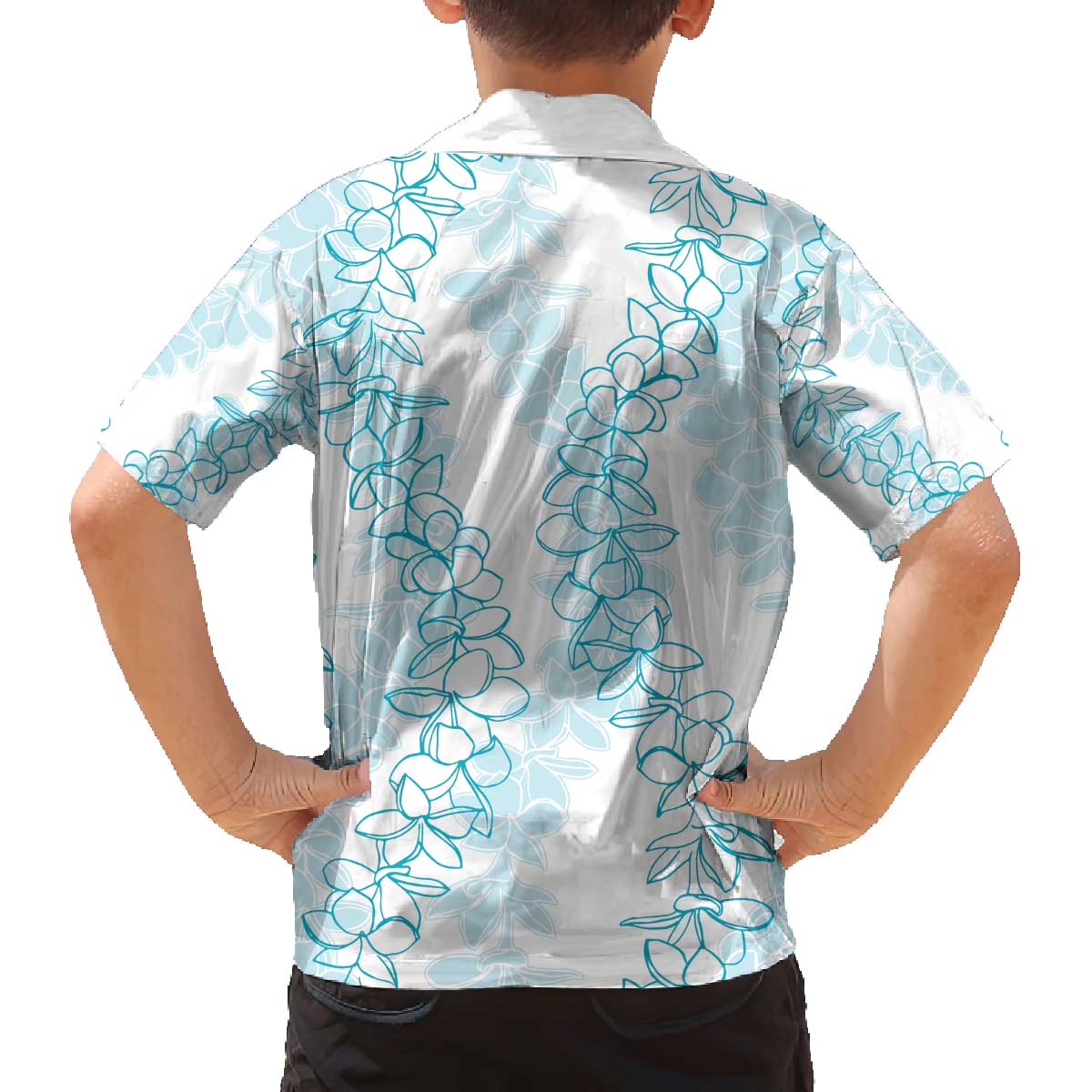 Hawaii Plumeria Lei Family Matching Off The Shoulder Long Sleeve Dress and Hawaiian Shirt Aloha Festive Vibe - Turquoise LT7 - Polynesian Pride