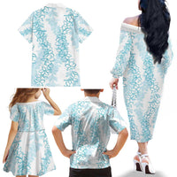 Hawaii Plumeria Lei Family Matching Off The Shoulder Long Sleeve Dress and Hawaiian Shirt Aloha Festive Vibe - Turquoise LT7 - Polynesian Pride