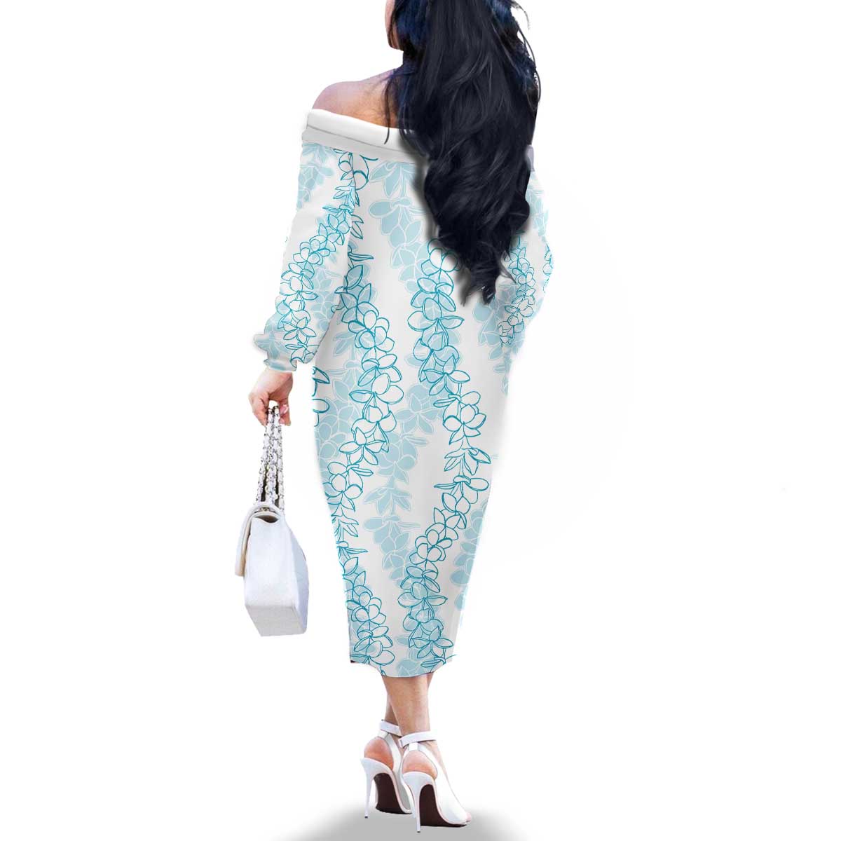Hawaii Plumeria Lei Family Matching Off The Shoulder Long Sleeve Dress and Hawaiian Shirt Aloha Festive Vibe - Turquoise LT7 - Polynesian Pride