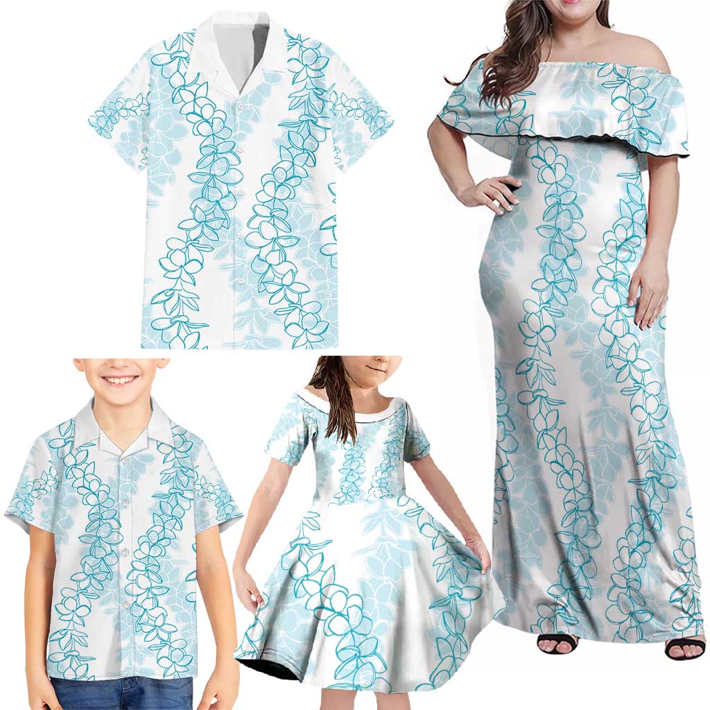 Hawaii Plumeria Lei Family Matching Off Shoulder Maxi Dress and Hawaiian Shirt Aloha Festive Vibe - Turquoise LT7 - Polynesian Pride