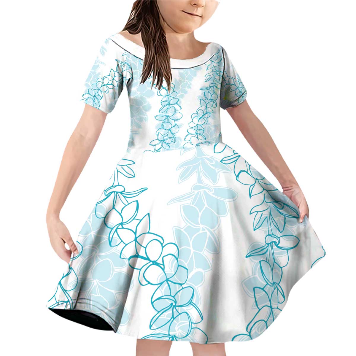 Hawaii Plumeria Lei Family Matching Off Shoulder Short Dress and Hawaiian Shirt Aloha Festive Vibe - Turquoise LT7 Daughter's Dress Turquoise - Polynesian Pride