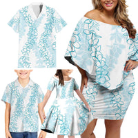 Hawaii Plumeria Lei Family Matching Off Shoulder Short Dress and Hawaiian Shirt Aloha Festive Vibe - Turquoise LT7 - Polynesian Pride