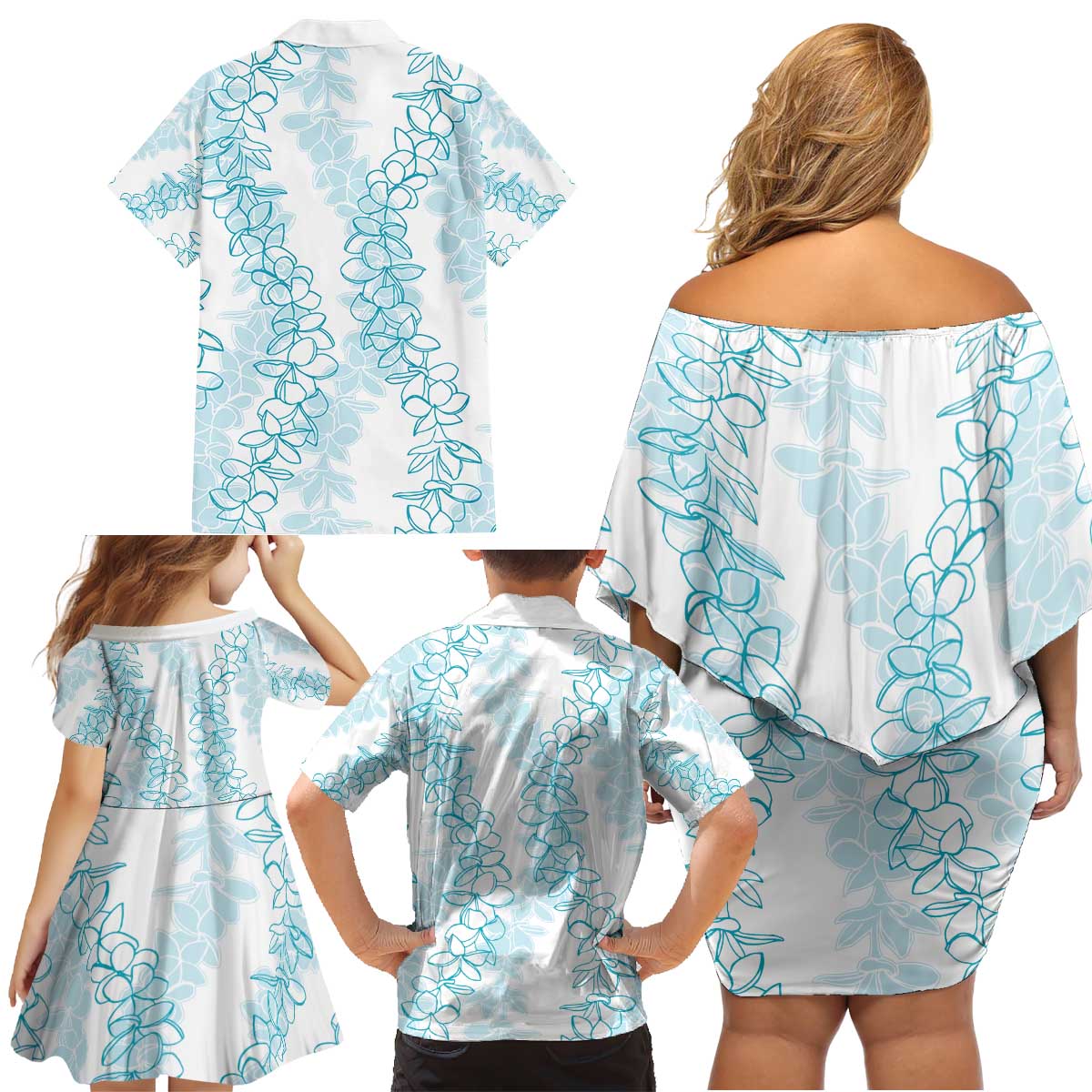 Hawaii Plumeria Lei Family Matching Off Shoulder Short Dress and Hawaiian Shirt Aloha Festive Vibe - Turquoise LT7 - Polynesian Pride