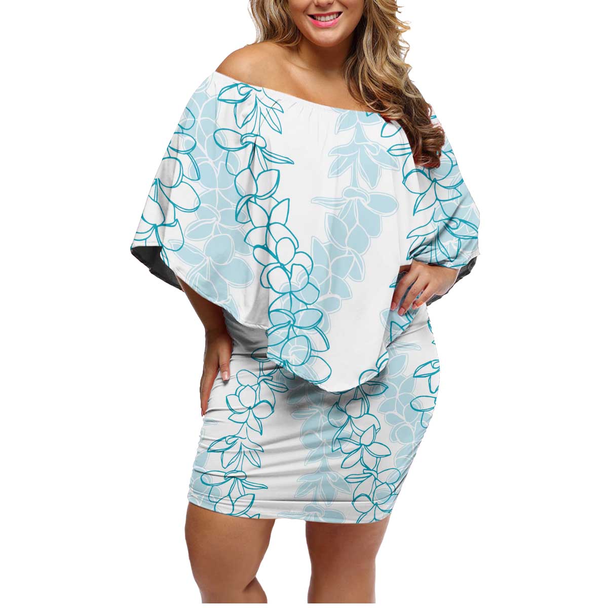 Hawaii Plumeria Lei Family Matching Off Shoulder Short Dress and Hawaiian Shirt Aloha Festive Vibe - Turquoise LT7 Mom's Dress Turquoise - Polynesian Pride