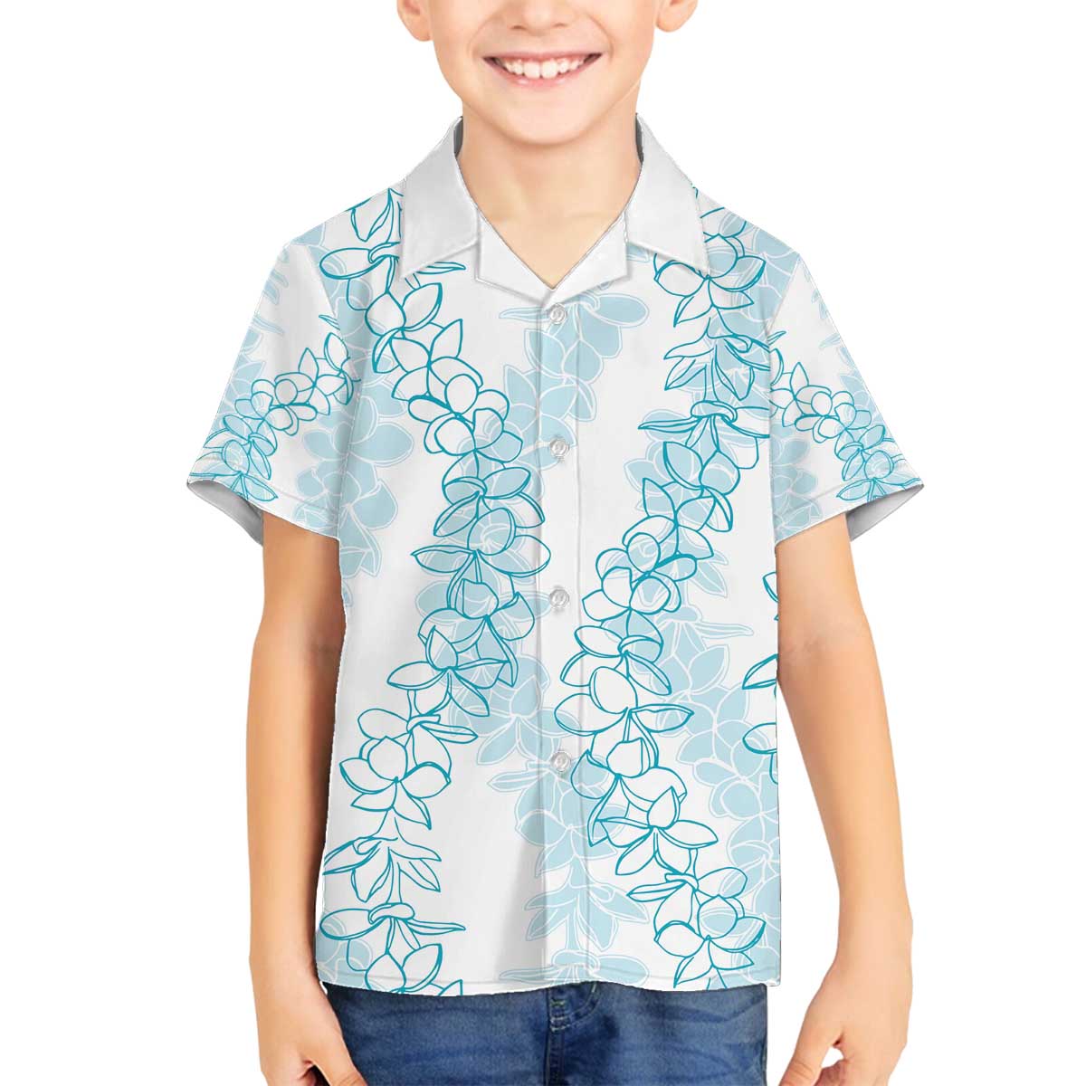 Hawaii Plumeria Lei Family Matching Off Shoulder Short Dress and Hawaiian Shirt Aloha Festive Vibe - Turquoise LT7 Son's Shirt Turquoise - Polynesian Pride