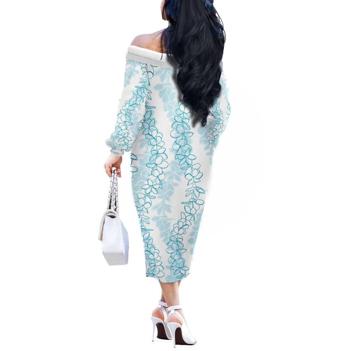 Hawaii Plumeria Lei Off The Shoulder Long Sleeve Dress Aloha Festive Vibe - Turquoise LT7 - Polynesian Pride