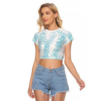 Hawaii Plumeria Lei Raglan Cropped T Shirt Aloha Festive Vibe - Turquoise LT7 Female Turquoise - Polynesian Pride