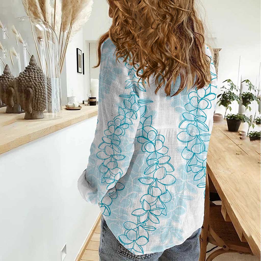 Hawaii Plumeria Lei Women Casual Shirt Aloha Festive Vibe - Turquoise LT7 - Polynesian Pride