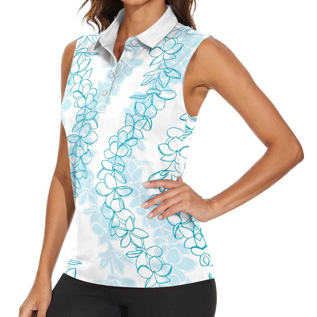 Hawaii Plumeria Lei Women Sleeveless Polo Shirt Aloha Festive Vibe - Turquoise LT7 - Polynesian Pride