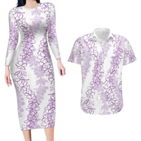 Hawaii Plumeria Lei Couples Matching Long Sleeve Bodycon Dress and Hawaiian Shirt Aloha Festive Vibe - Amethyst LT7 Amethyst - Polynesian Pride