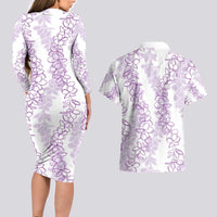Hawaii Plumeria Lei Couples Matching Long Sleeve Bodycon Dress and Hawaiian Shirt Aloha Festive Vibe - Amethyst LT7 - Polynesian Pride