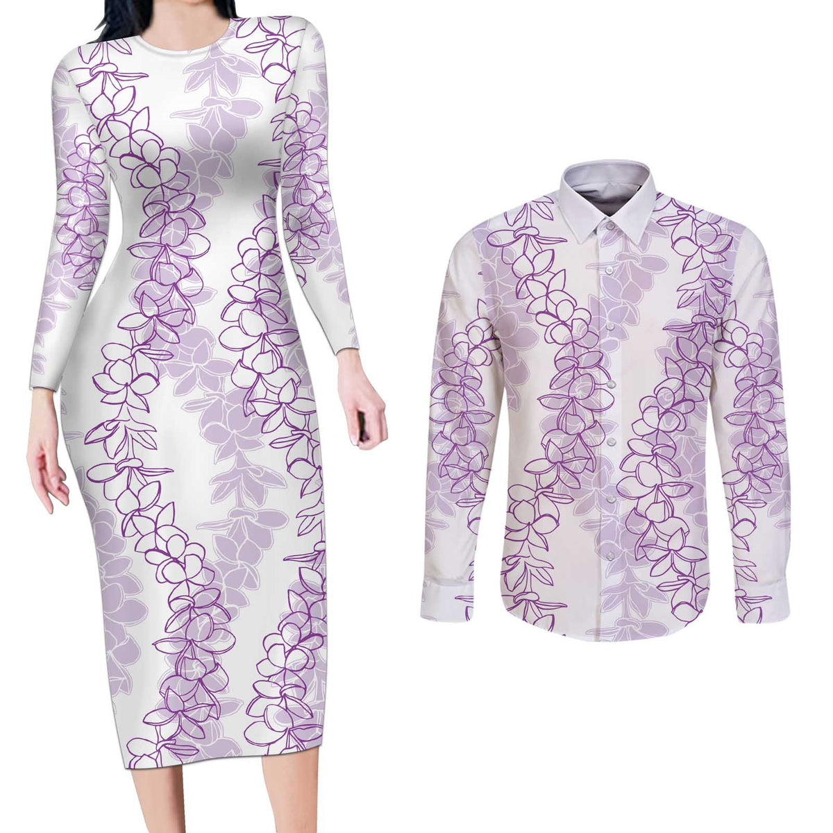 Hawaii Plumeria Lei Couples Matching Long Sleeve Bodycon Dress and Long Sleeve Button Shirt Aloha Festive Vibe - Amethyst LT7 Amethyst - Polynesian Pride