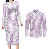 Hawaii Plumeria Lei Couples Matching Long Sleeve Bodycon Dress and Long Sleeve Button Shirt Aloha Festive Vibe - Amethyst LT7 Amethyst - Polynesian Pride