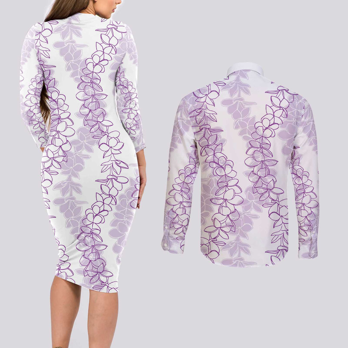 Hawaii Plumeria Lei Couples Matching Long Sleeve Bodycon Dress and Long Sleeve Button Shirt Aloha Festive Vibe - Amethyst LT7 - Polynesian Pride