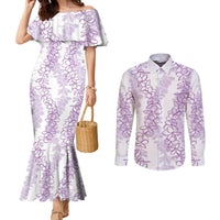 Hawaii Plumeria Lei Couples Matching Mermaid Dress and Long Sleeve Button Shirt Aloha Festive Vibe - Amethyst LT7 Amethyst - Polynesian Pride