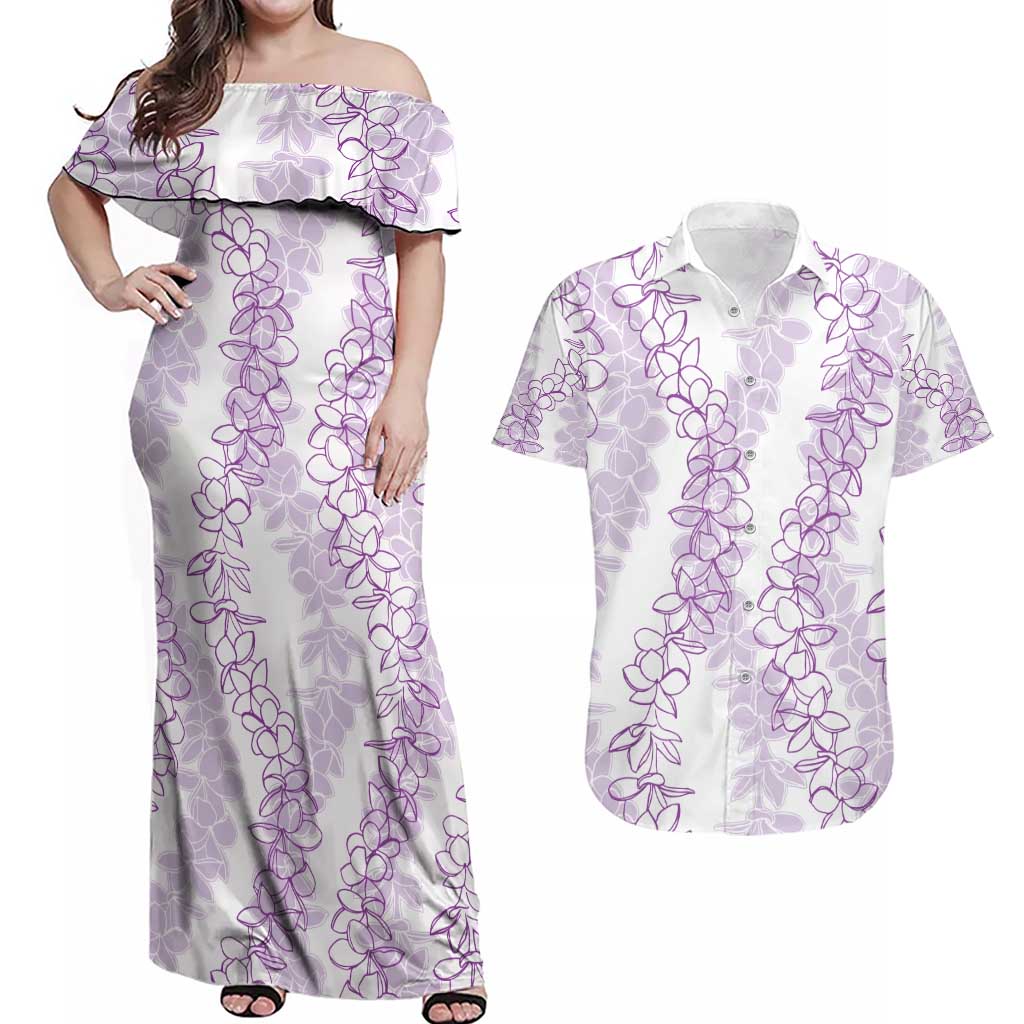 Hawaii Plumeria Lei Couples Matching Off Shoulder Maxi Dress and Hawaiian Shirt Aloha Festive Vibe - Amethyst LT7 Amethyst - Polynesian Pride