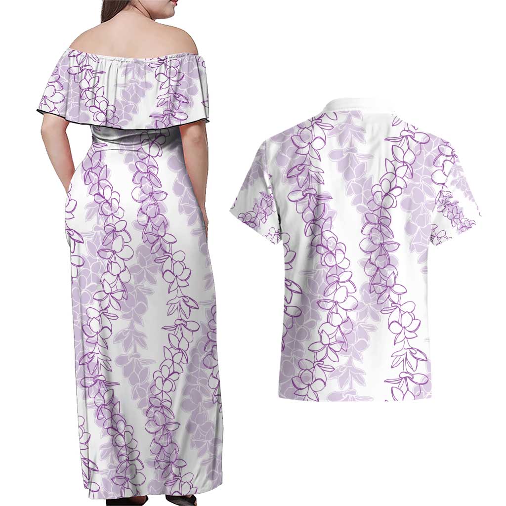 Hawaii Plumeria Lei Couples Matching Off Shoulder Maxi Dress and Hawaiian Shirt Aloha Festive Vibe - Amethyst LT7 - Polynesian Pride