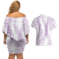 Hawaii Plumeria Lei Couples Matching Off Shoulder Short Dress and Hawaiian Shirt Aloha Festive Vibe - Amethyst LT7 - Polynesian Pride