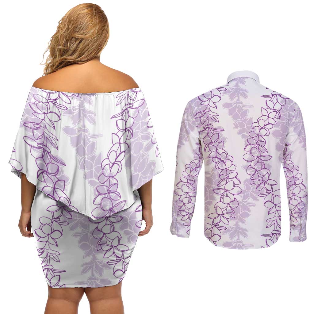 Hawaii Plumeria Lei Couples Matching Off Shoulder Short Dress and Long Sleeve Button Shirt Aloha Festive Vibe - Amethyst LT7 - Polynesian Pride