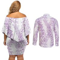 Hawaii Plumeria Lei Couples Matching Off Shoulder Short Dress and Long Sleeve Button Shirt Aloha Festive Vibe - Amethyst LT7 - Polynesian Pride