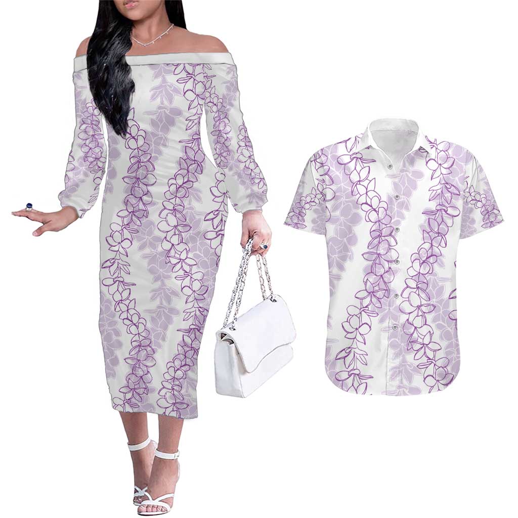 Hawaii Plumeria Lei Couples Matching Off The Shoulder Long Sleeve Dress and Hawaiian Shirt Aloha Festive Vibe - Amethyst LT7 Amethyst - Polynesian Pride