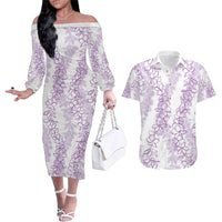 Hawaii Plumeria Lei Couples Matching Off The Shoulder Long Sleeve Dress and Hawaiian Shirt Aloha Festive Vibe - Amethyst LT7 Amethyst - Polynesian Pride