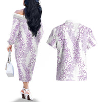 Hawaii Plumeria Lei Couples Matching Off The Shoulder Long Sleeve Dress and Hawaiian Shirt Aloha Festive Vibe - Amethyst LT7 - Polynesian Pride